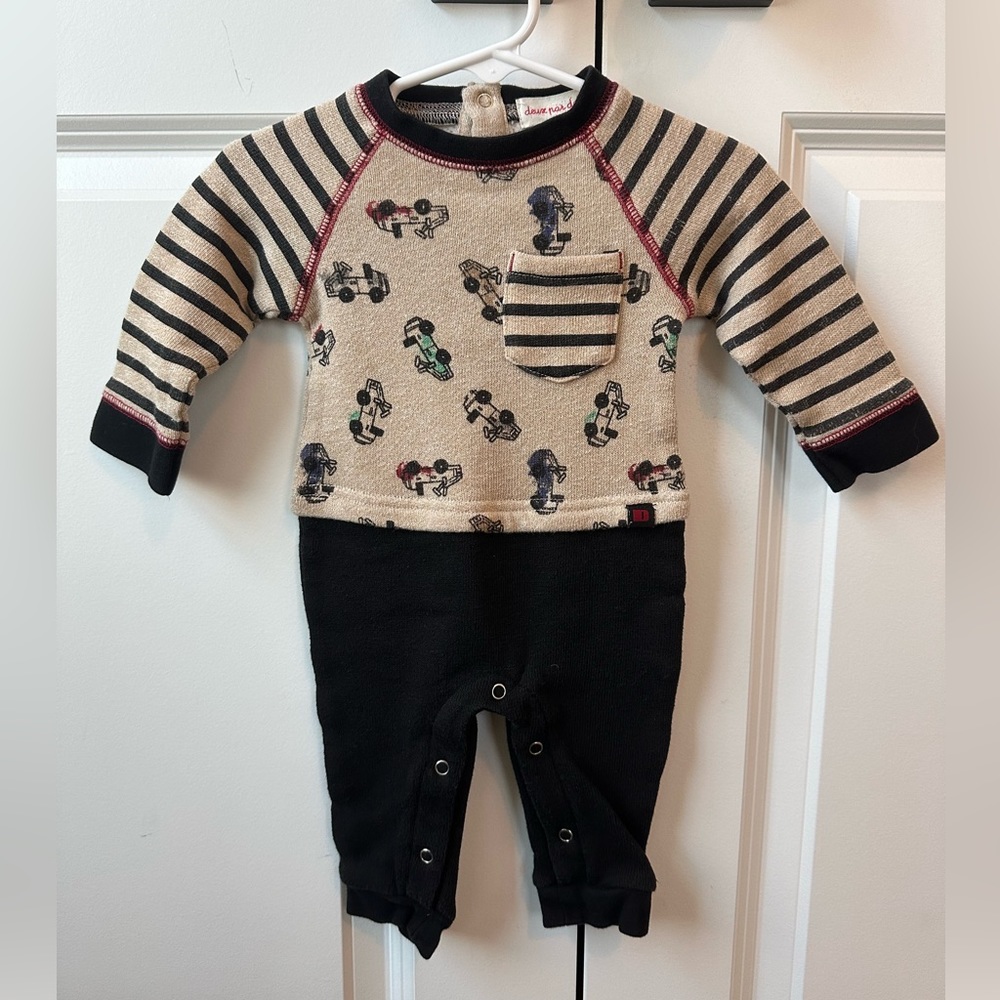 Deux Par Duex Cars, Stripes, Colorblock Long Sleeve Jumpsuit (Size 3 Months)